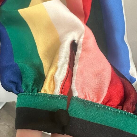 Alice + Olivia Dyanna Rainbow Multicolor Stripe Wrap Blouse Vibrant Pride Chic - Picture 5 of 10